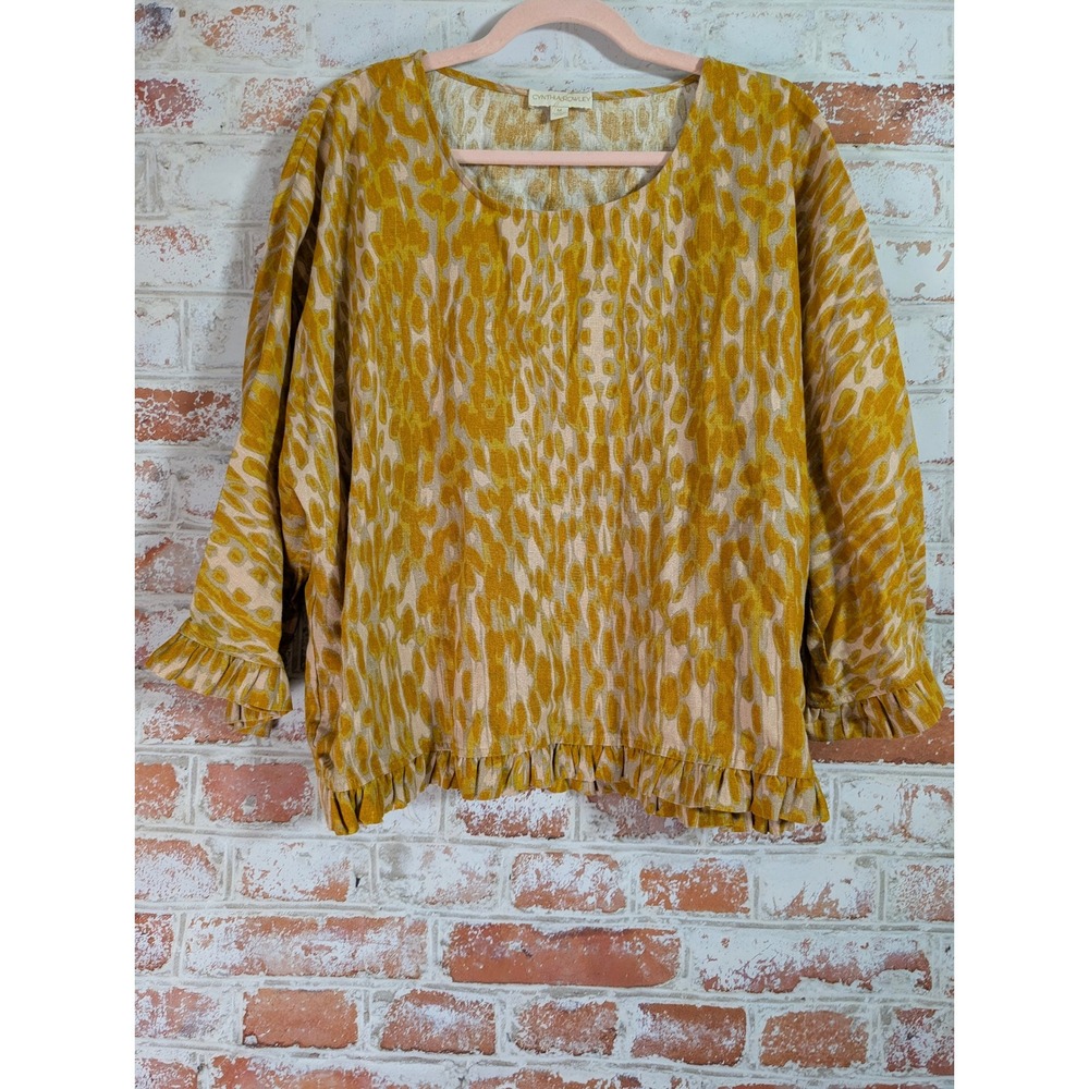 Cynthia Rowley Blouse Womens M Yellow Animal Print Linen Blend Ruffle Top